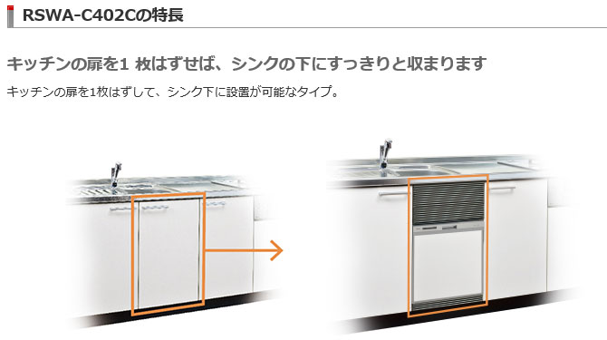 食器洗い乾燥機／キッチンの扉を1枚はずせば、シンクの下にすっぽりと収まります。